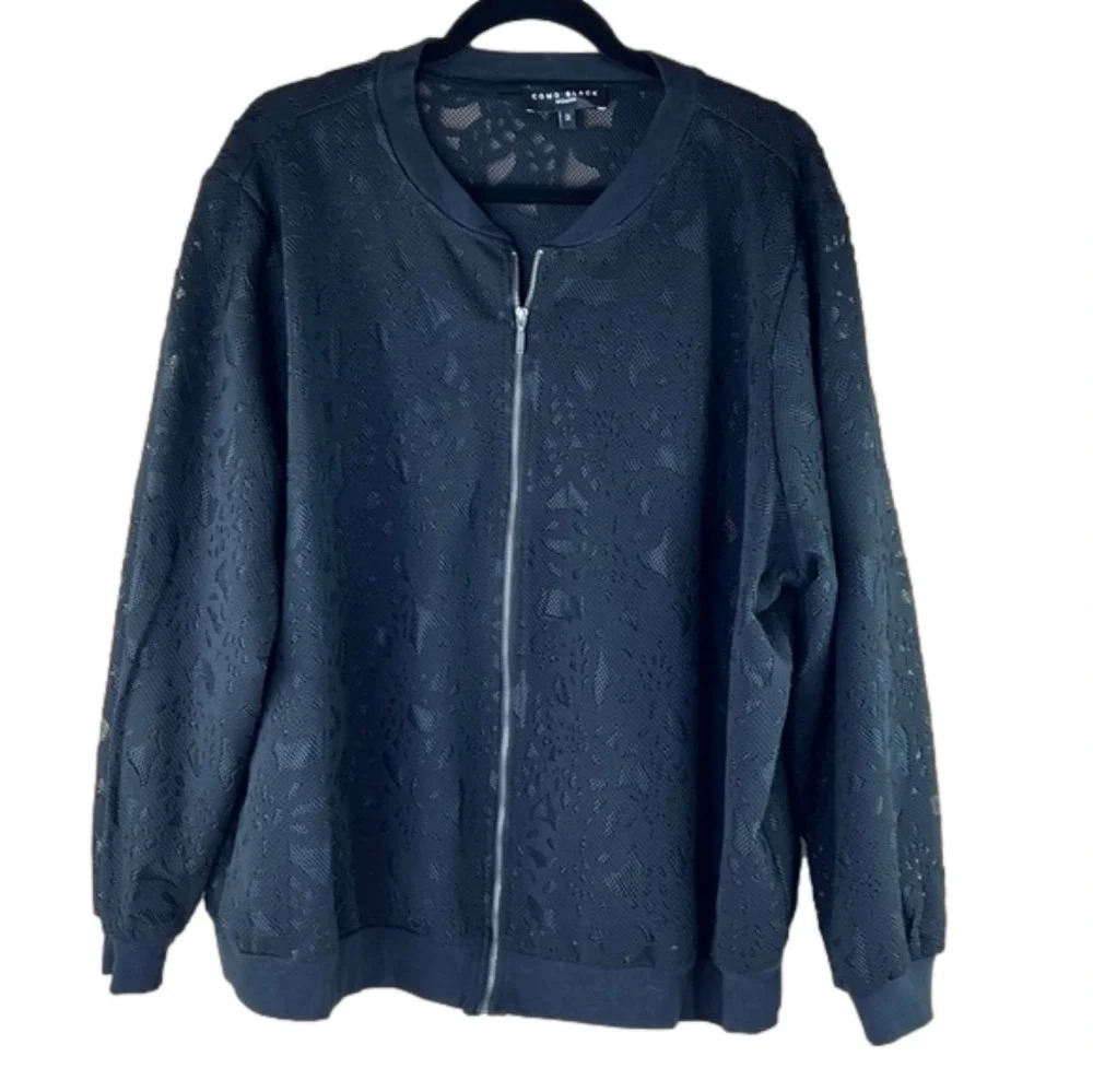 Como  Black Laser Cutout Mesh Lightweight Full Zip Jacket